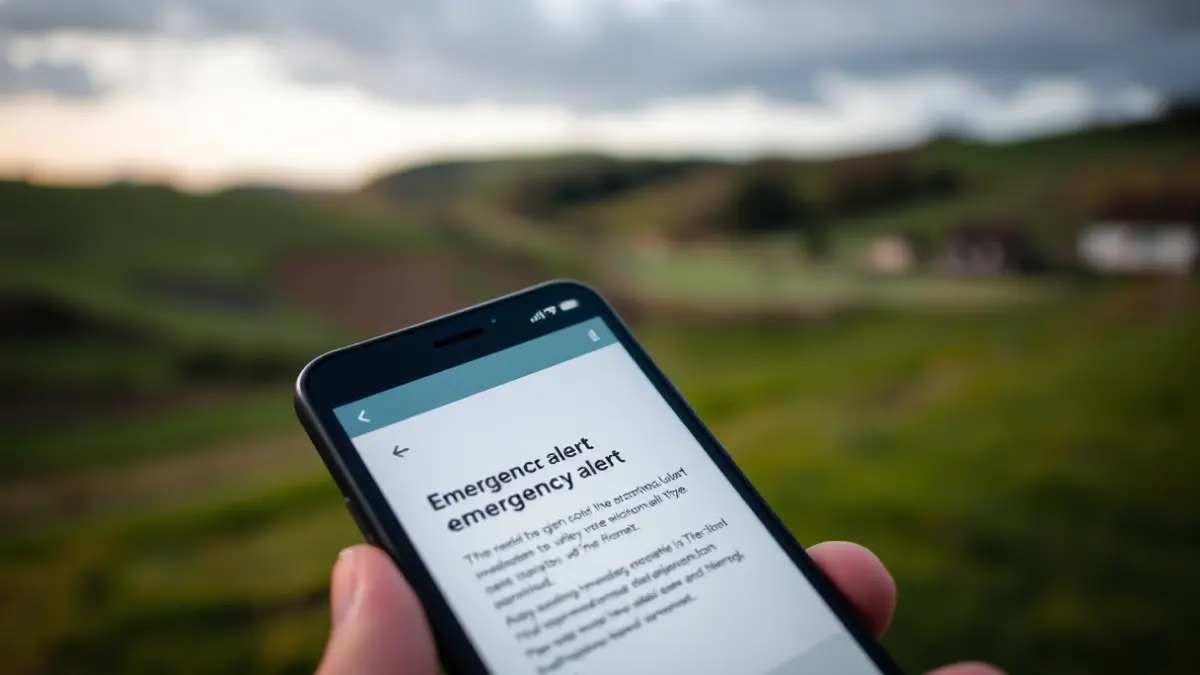 Generic image of a mobile phone screen with an alert message, with a blurred rural landscape of Euskadi in the background.