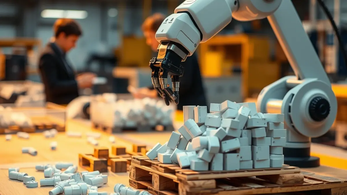 Robot kolaboratibo bat piezak sailkatzen eta paletizatzen, atzealdean ikasleak eta ekipamendu teknikoa lausotuta.