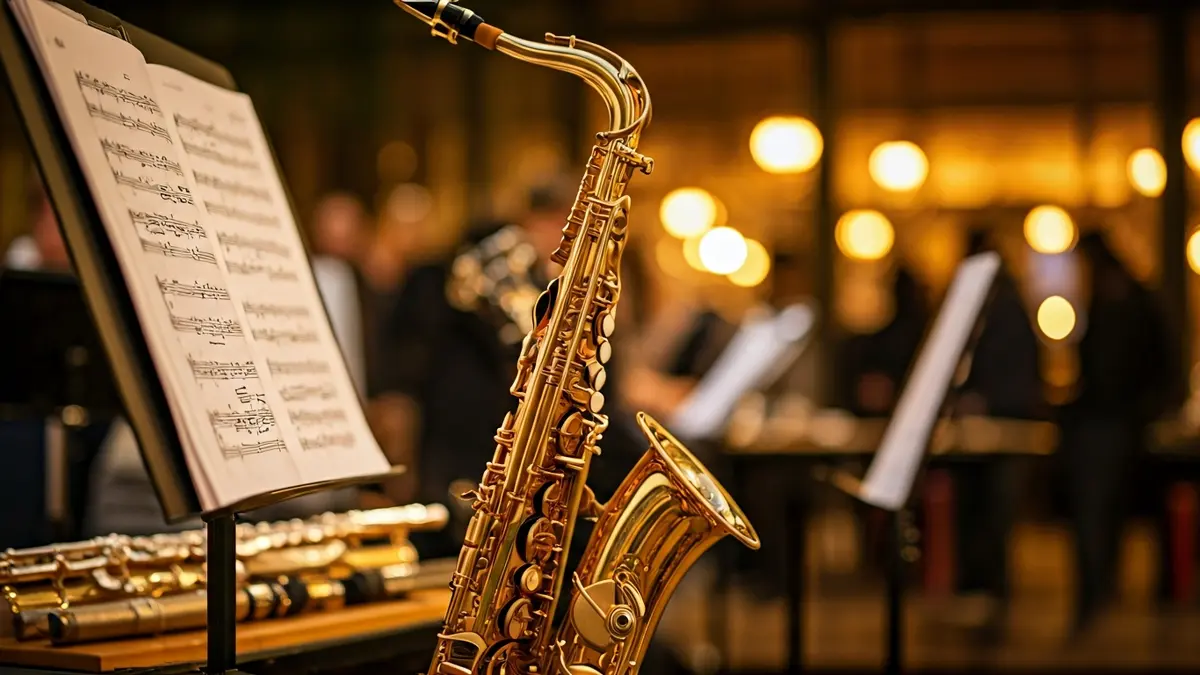 Generic image of musical instruments and sheet music in a conservatory.