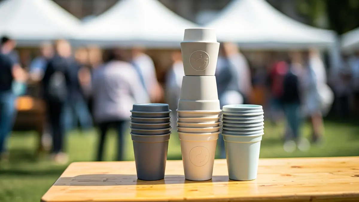 Generic image of a stack of reusable cups at an outdoor event.