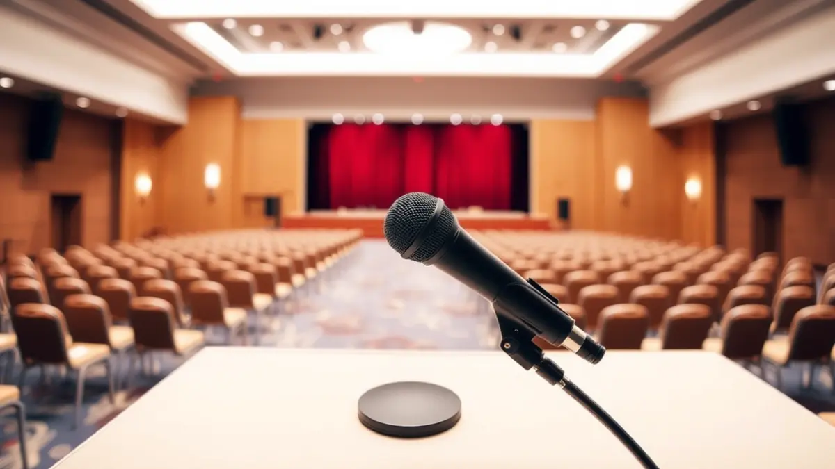 Generic image of a microphone on a podium in an empty conference hall.