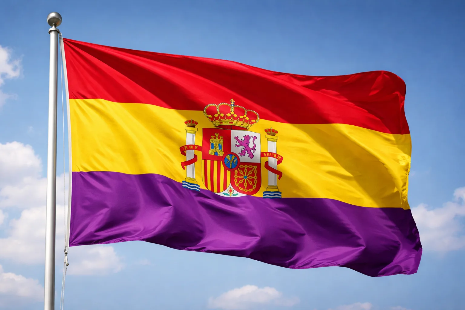 Irudi generikoa Espainiako Errepublikaren bandera hirukoitza astintzen, hiri historiko baten plazan.