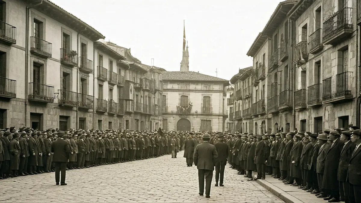 Historical image of a street in Vitoria-Gasteiz, with people gathered and a flag waving from a building, in the 1930s.