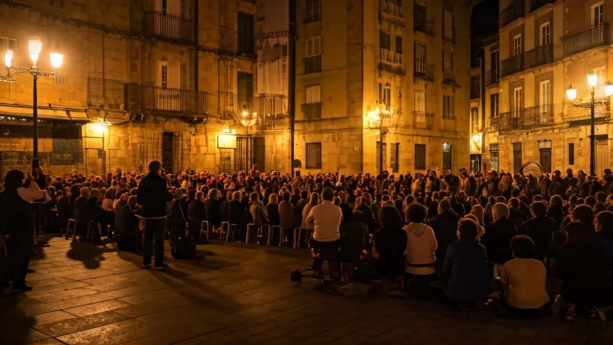 Irudi generikoa, jendea elkarretaratze batean musika eta poesia entzuten.