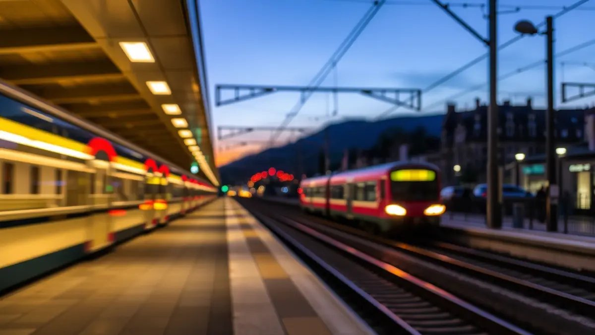 Imagen genérica de una plataforma de estación de tren moderna al anochecer, con luces de tren borrosas al fondo.
