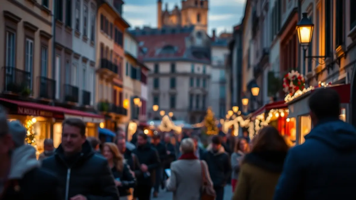 Vibrant street atmosphere in Vitoria-Gasteiz, with warm lights and cultural events suggesting a festive mood.