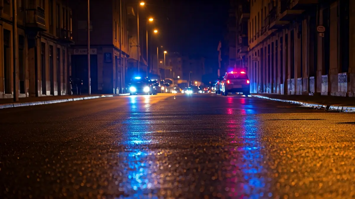 Irudi generikoa, gaueko asfalto hezean islatzen diren larrialdi-argi urdin eta gorriak.