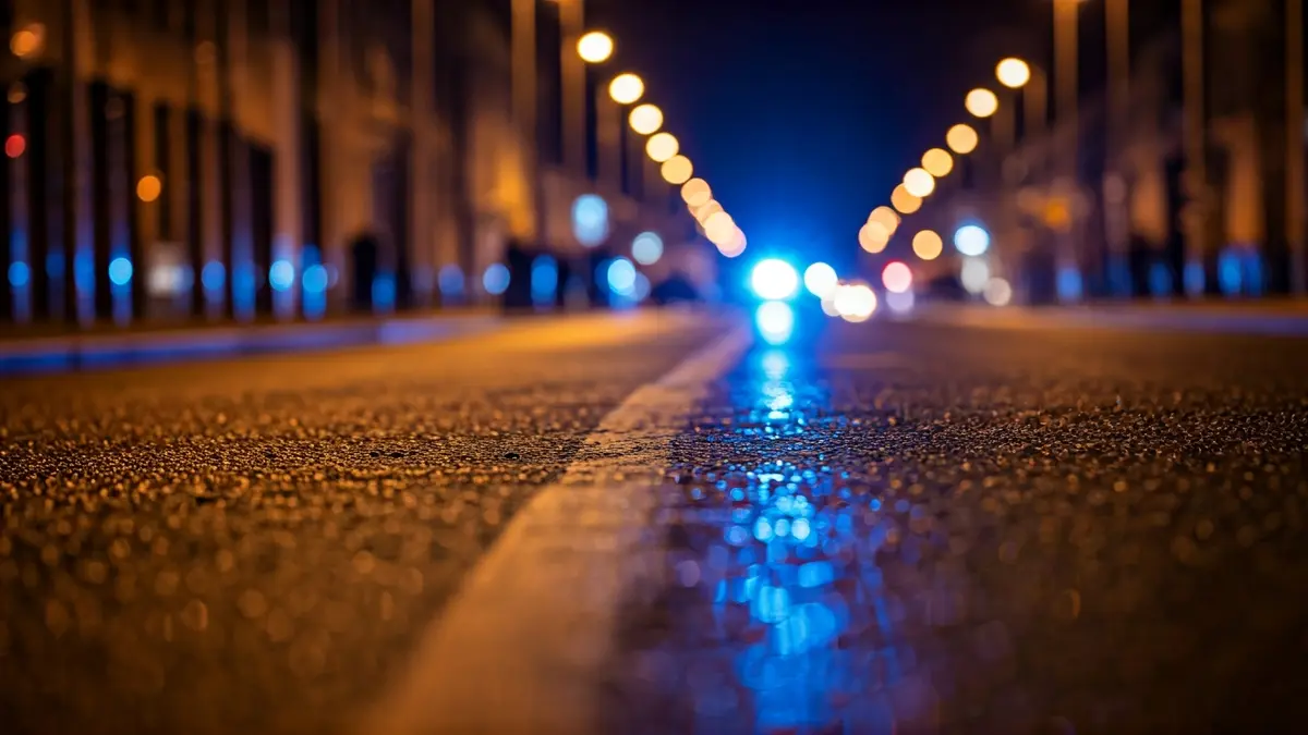 Irudi generikoa polizia-argi gorri eta urdinen isla asfalto hezean gauez.