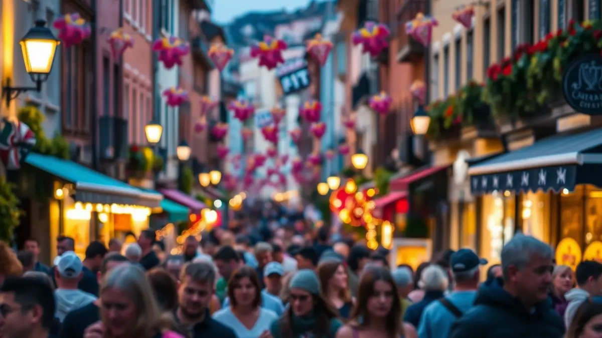 Irudi generikoa auzoko jaietako giro bizia erakusten duena, jendea eta apaingarri koloretsuak ikusgai.