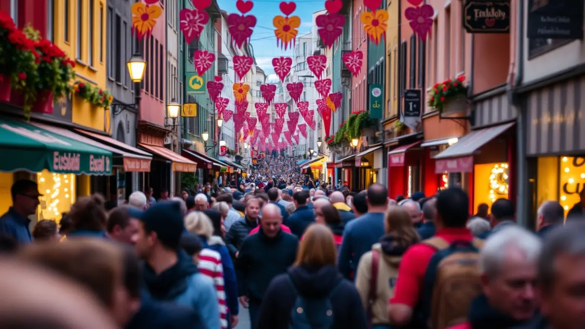 Irudi generikoa auzoko jaietako giro bizia erakusten duena, jendea eta argi koloretsuak.