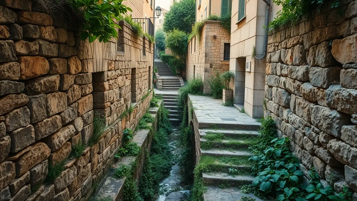 Imagen genérica de antiguos canales y pasajes de piedra en el casco medieval de Vitoria-Gasteiz, con vegetación y luz solar.
