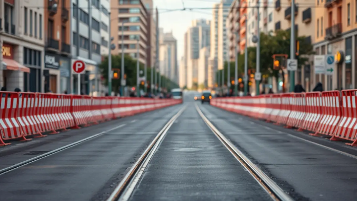 Imagen genérica de una calle de Vitoria-Gasteiz con vías de tranvía y obras.