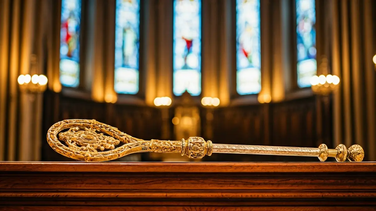 Irudi generikoa elizbarrutiko gotzain baten makuluaren hurbileko plano bat, elizaren barrualdean.