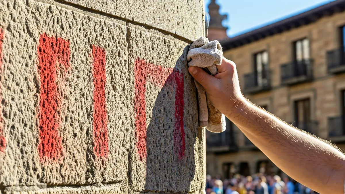 Limpieza del Monumento a la Batalla de Vitoria, retirando pintadas.