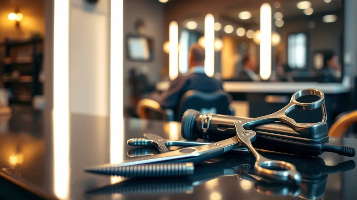 Generic image of barber's tools, including scissors and clippers, on a dark surface, with a blurred background.