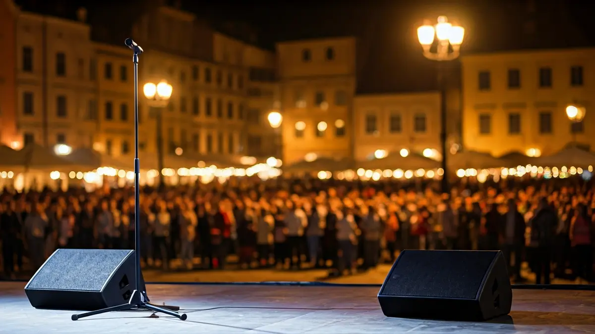 Irudi generikoa gaueko kontzertu eszenatoki huts batena, argi distiratsuekin.