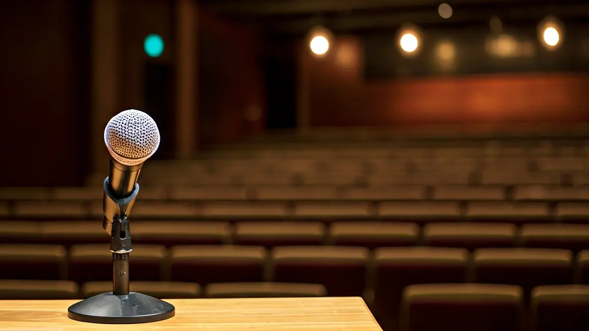 Irudi generikoa jazz kontzertu areto bateko mikrofono batena, argiztapen epelarekin.
