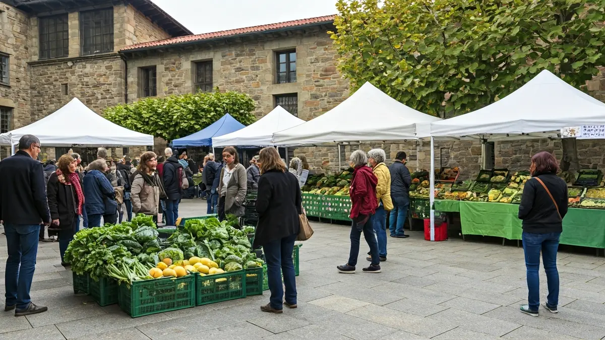 Gasteizko Letren Fakultateko XVI. Azoka Agroekologikoaren irudi generikoa, produktu ekologikoak eta jendea erakusten duena.