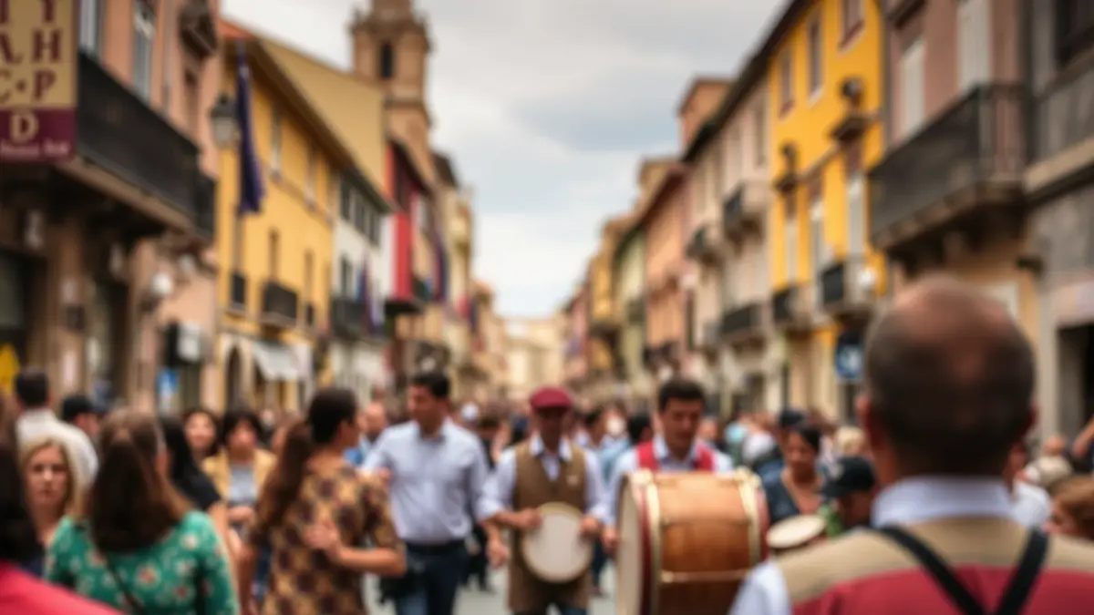 Irudi generikoa Gasteizko kaleetan ospatzen den Tamborradaren giroari buruz, jendea eta danborrak atzealdean lausotuta.