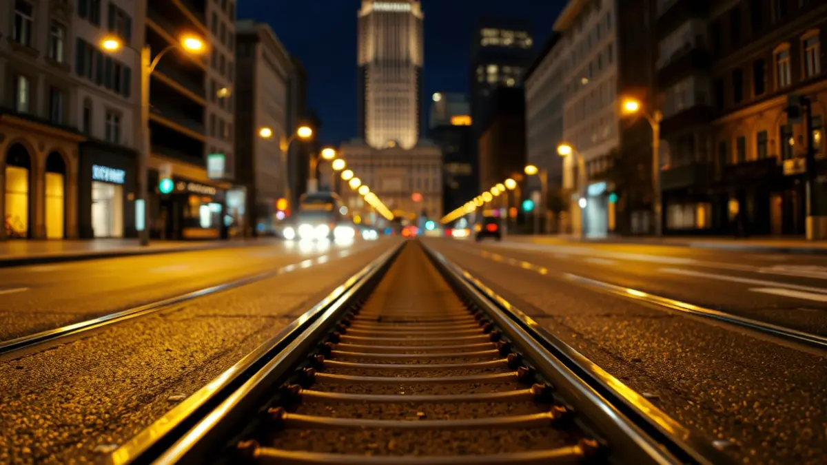 Gaueko tranbia zerbitzu bereziaren irudi generikoa, argi lausoekin eta hiri-giroarekin.