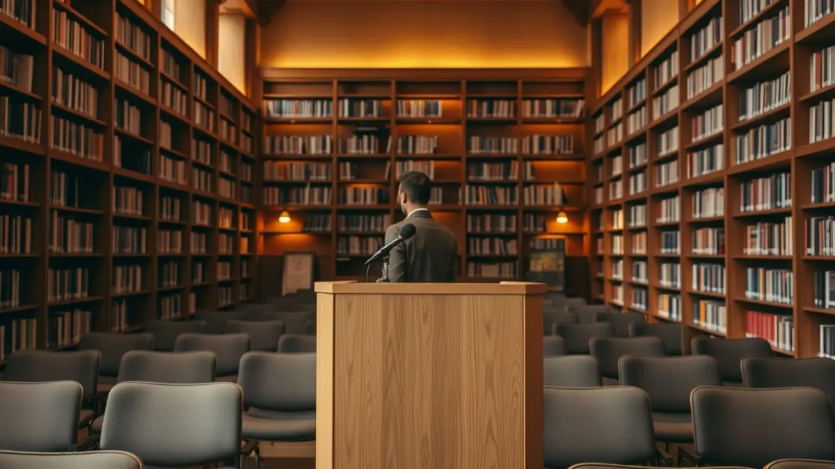 Irudi generikoa liburutegi baten barrualdekoa, mikrofono batekin eta aulki ilarekin.