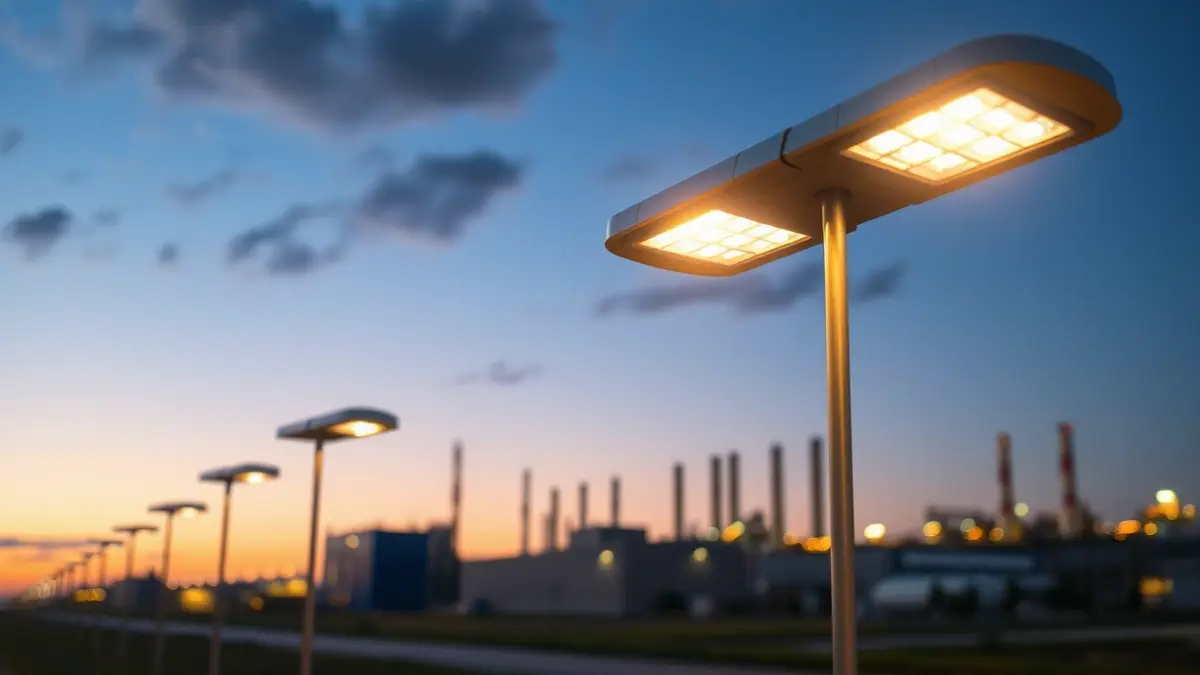 Generic image of a modern LED-lit industrial park at dusk.