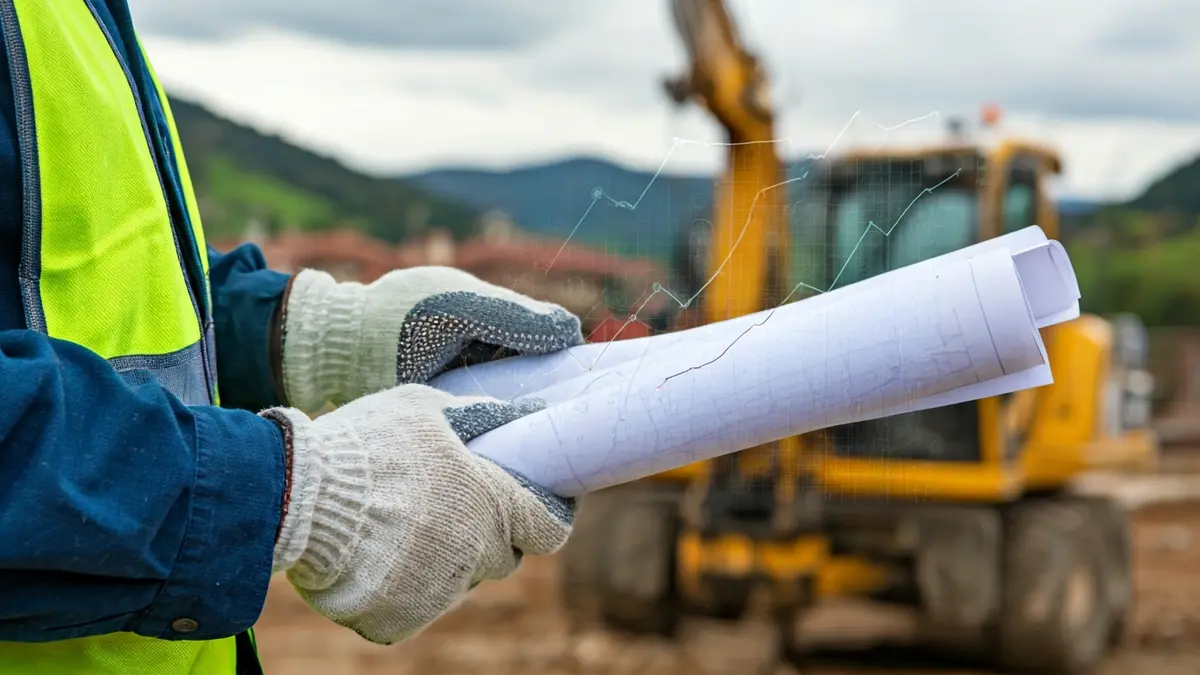 Construction worker's gloved hands holding a blueprint, with blurred construction machinery and rising cost graphs in the background, in a Basque Country setting.