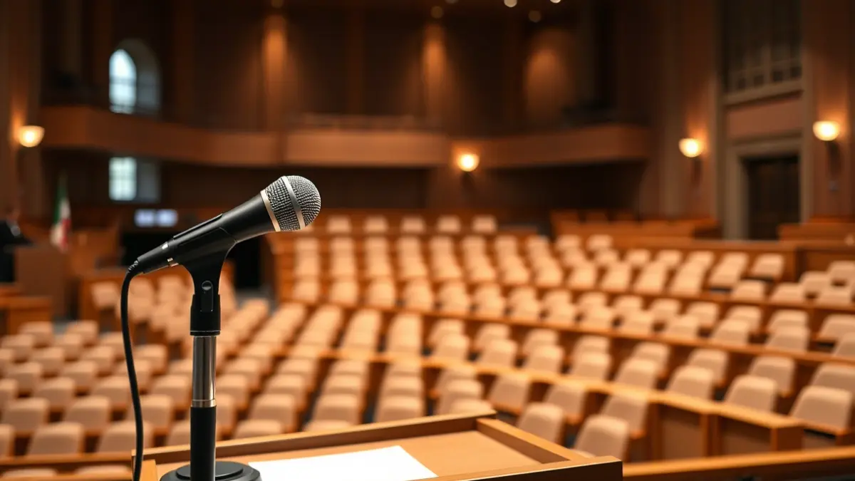 Irudi generikoa udaletxeko osoko bilkura areto bateko mikrofono batena.