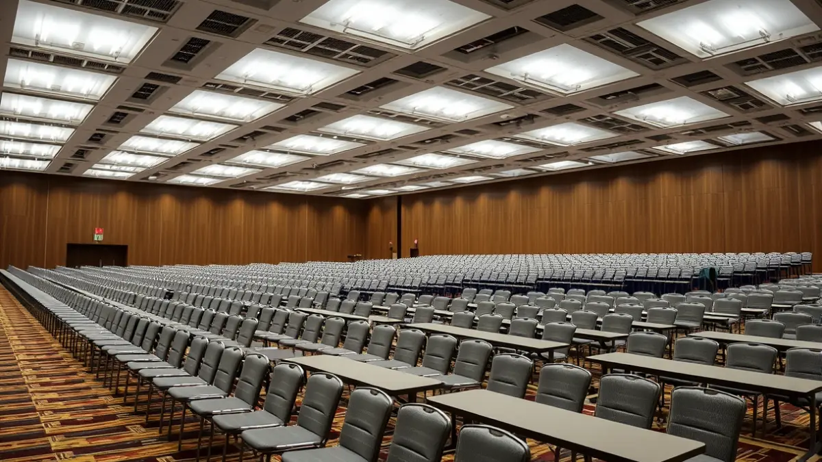 Gasteizko Europa jauregiaren barrualdea, azterketetarako prestatutako aulki eta mahai ilarekin.