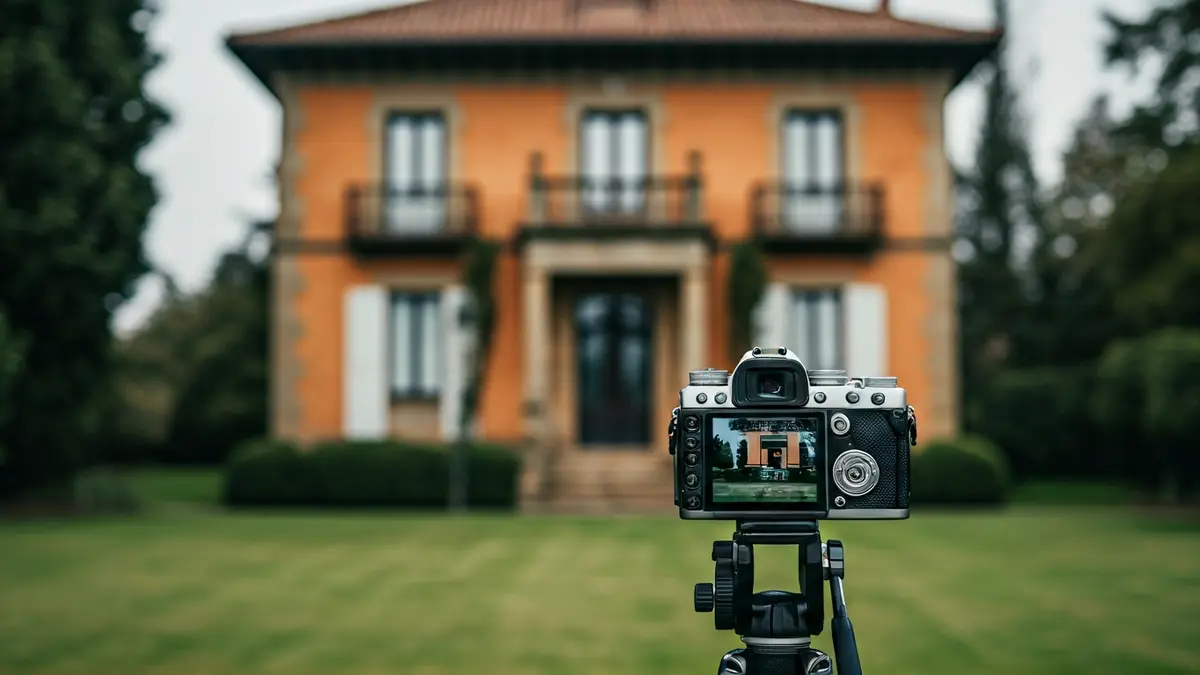 Filmatzen ari den kamera baten irudia, atzealdean jauregi zahar bat duela, argiztapen misteriotsuarekin.