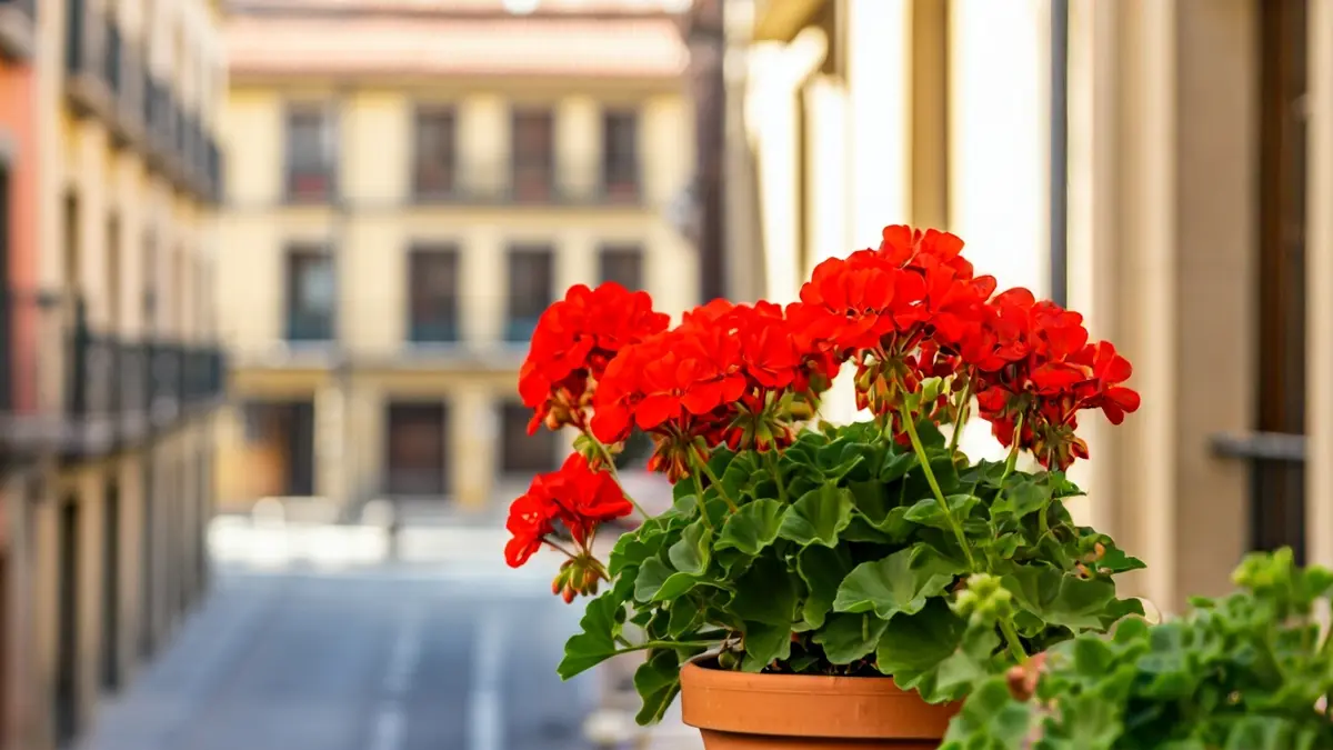 Geranio gorri bizien irudi generikoa harrizko balkoi batean, atzealdean Euskadiko hiri-kale bat lausotuta.