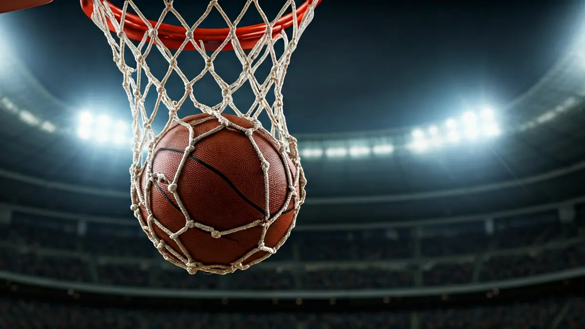 Generic image of a basketball net with a ball passing through, stadium lights in background.