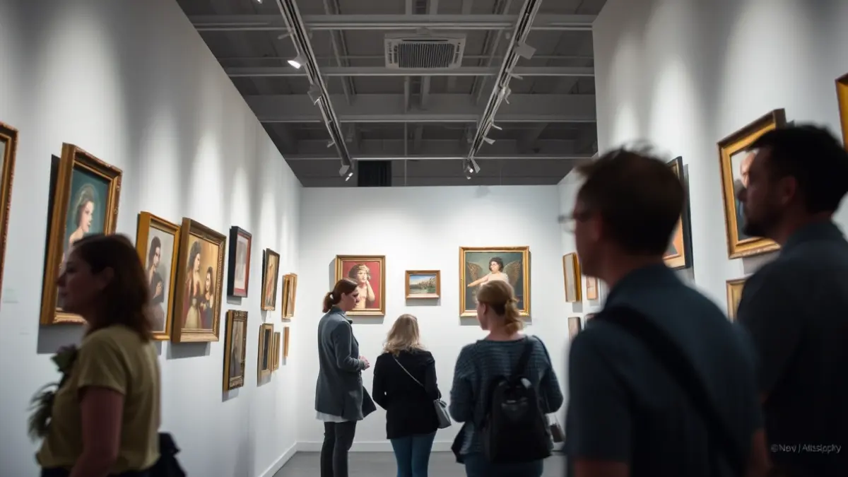 Generic image of an art gallery interior with paintings and visitors.