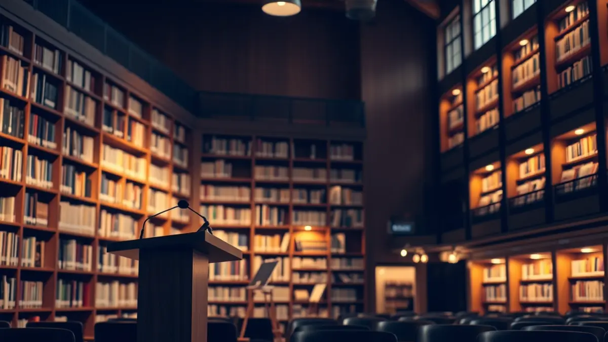 Generic image of a library interior with a microphone and empty chairs.