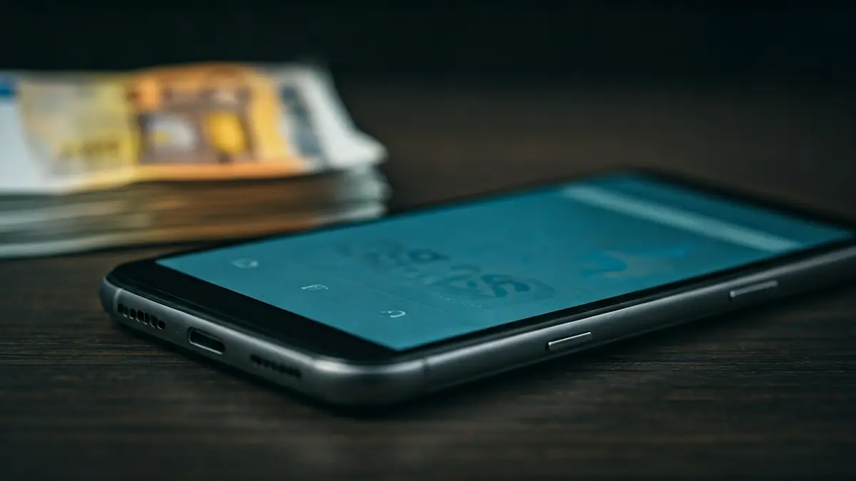 Irudi generikoa telefono mugikor baten pantailan banku-aplikazio baten interfaze lausoa erakusten duena, euro billete pila batekin eta kriptomoneta zorro baten ikonoarekin atzealdean.