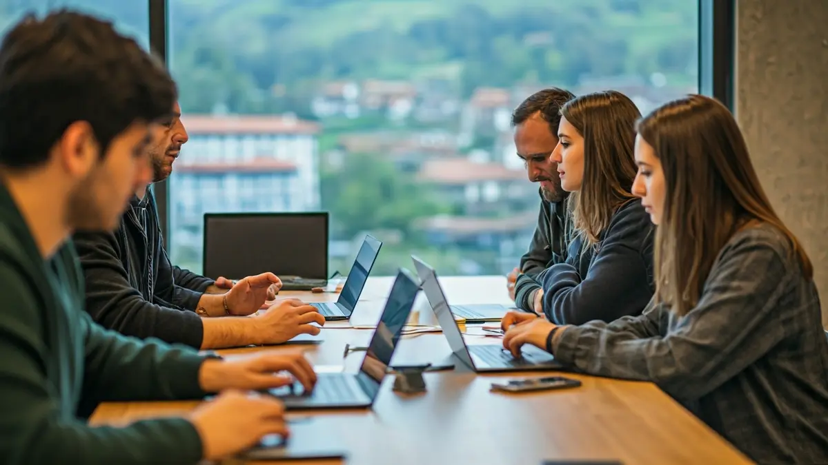 Gazteak lankidetza-espazio batean, Enkarterriko landa-paisaia atzealdean.