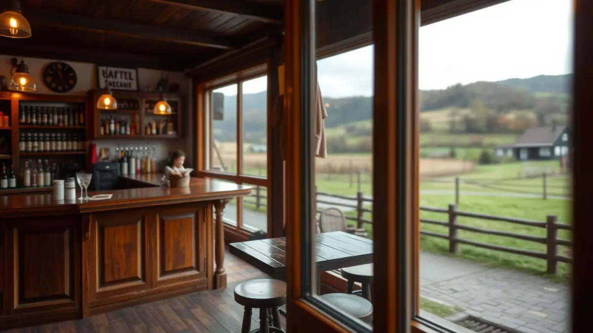 Imagen genérica de un interior de bar vacío en un entorno rural, con luz cálida.