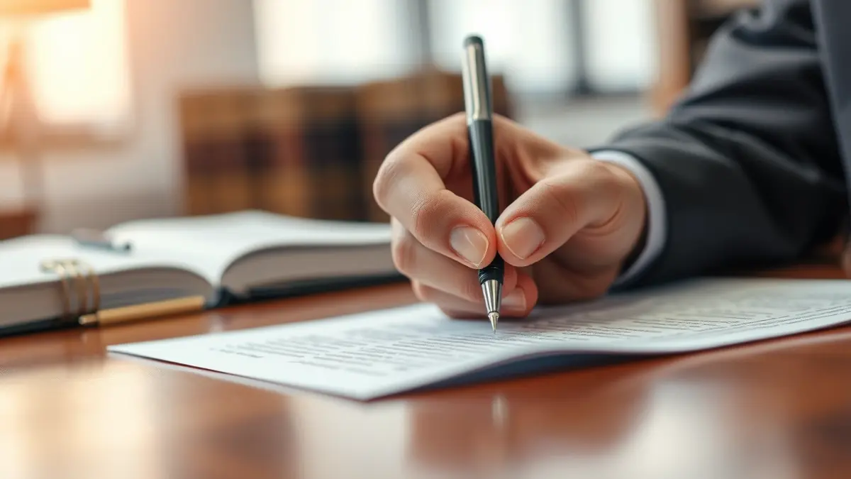 Irudi generikoa lege-dokumentu bat sinatzen duen esku baten, bulego giroan.