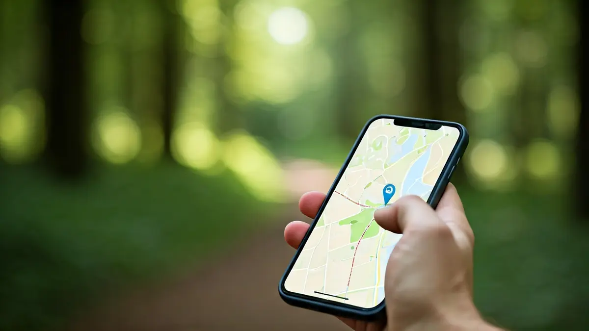 Generic image of a hand holding a smartphone displaying a map, in a natural setting.