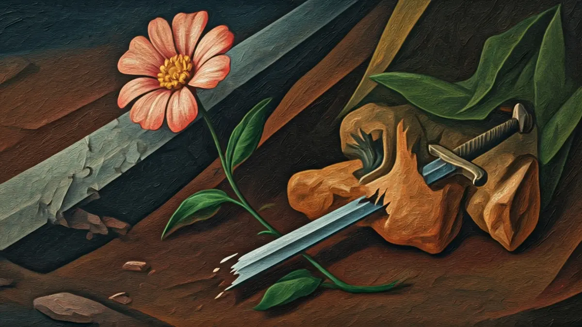 Generic image: a flower next to a broken sword, as a symbol of death and hope, in an abstract painting.