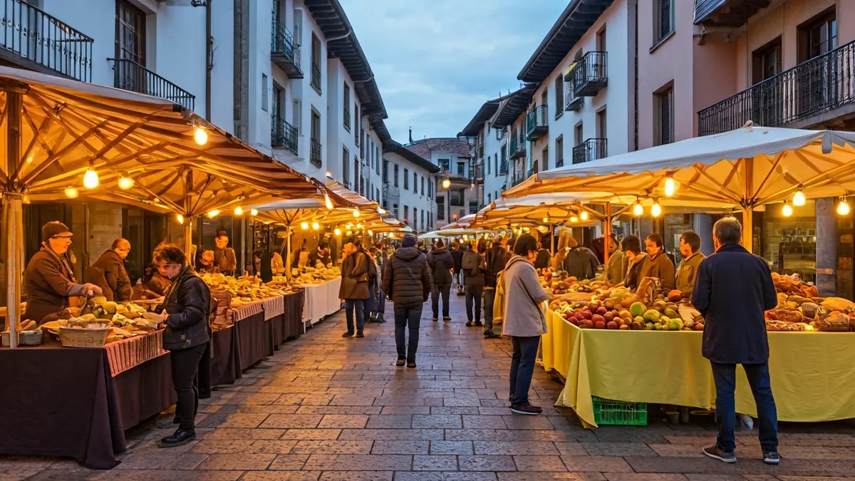 Irudi generikoa Gernika-Lumoko azoka berezien giroa irudikatzen duena, produktu lokalekin eta jendearekin.