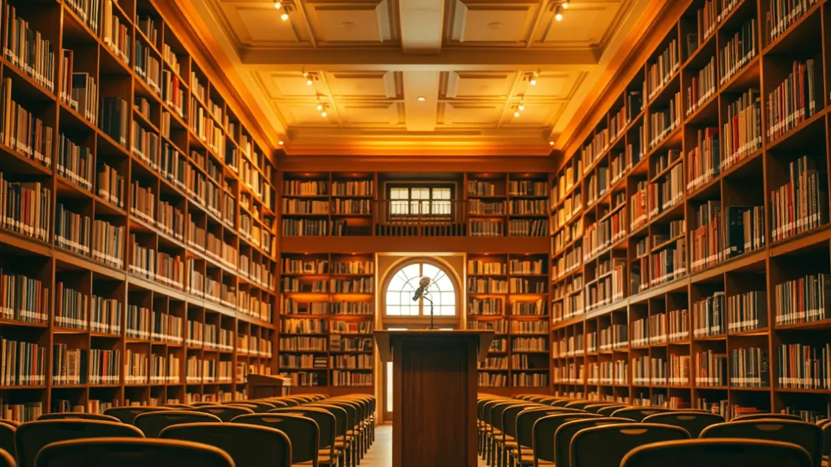 Imagen genérica del interior de una biblioteca con un micrófono y sillas vacías.