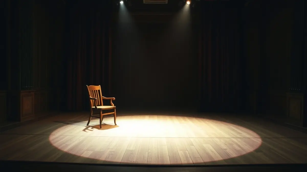 Irudi generikoa antzerki-eszenatoki baten, aulki huts batekin eta foku batekin, hausnarketa historikoa eta antzezpena iradokiz.