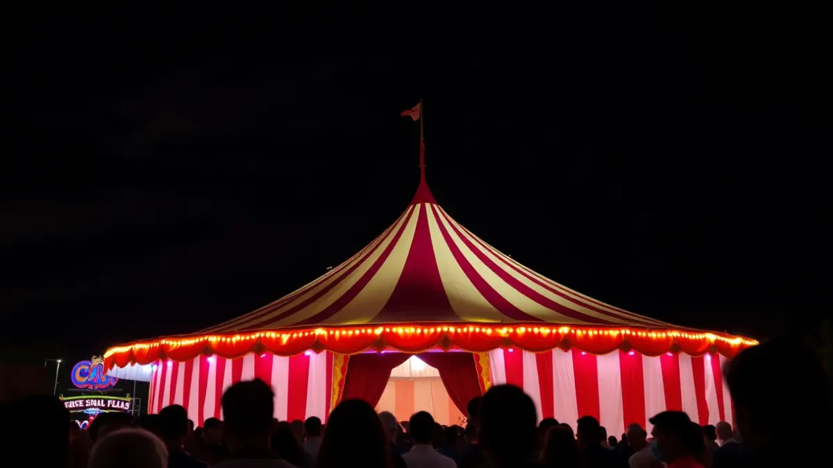 Generic image of a circus tent under a night sky, with bright lights.