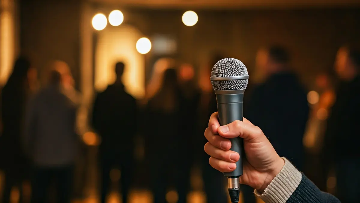 Irudi generikoa mikrofono bat eskuan duen pertsona batena, podcast grabaketa batean.