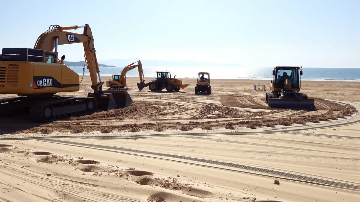 Hondarra mugitzen duten makinak Getxoko hondartza batean, udako denboraldirako prestatzen.