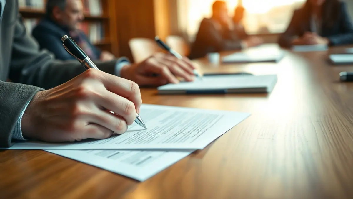Generic image of hands signing documents, representing administrative support for migrants.