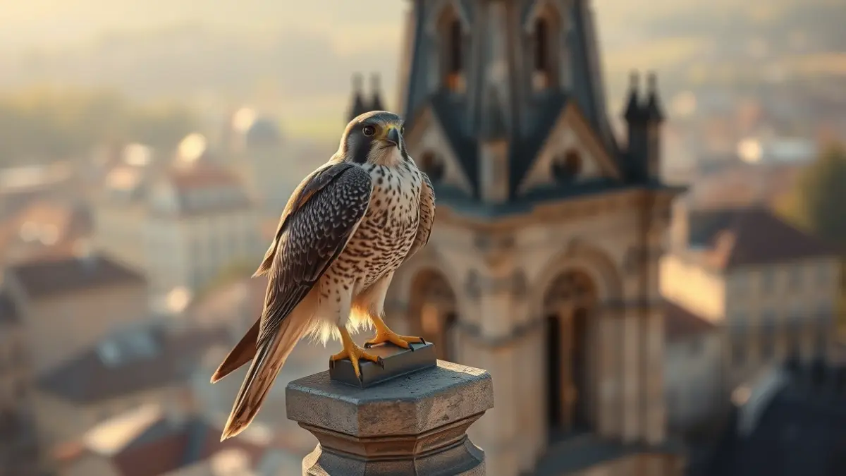 Generic image of a peregrine falcon perched on a church tower in an urban setting
