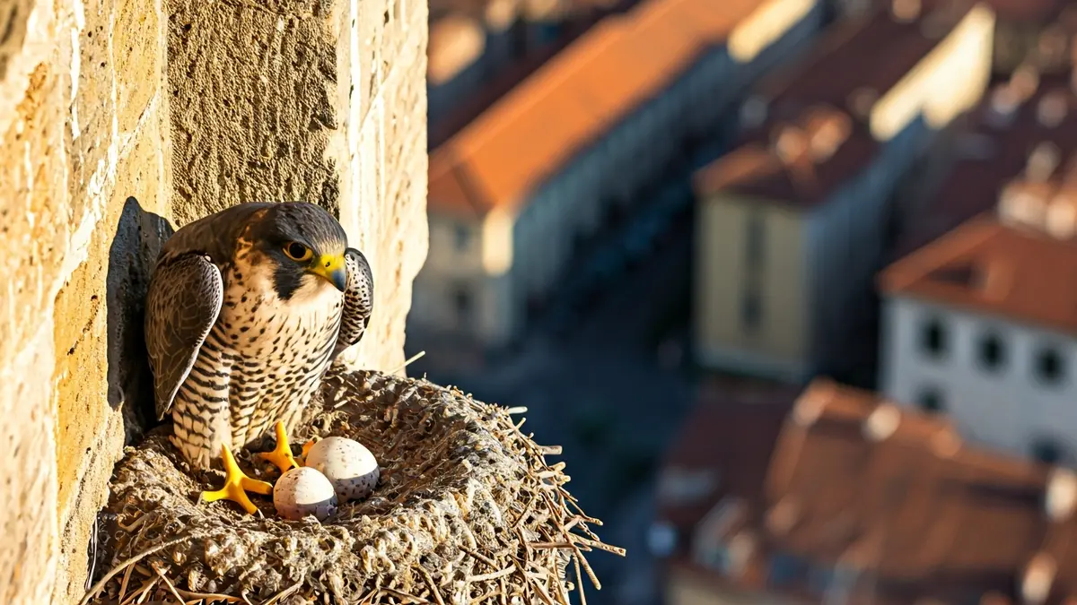 Peregrine falcon's nest with two eggs in a church tower.
