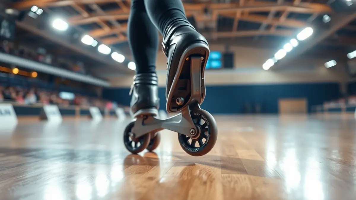 Generic image of an artistic roller skate wheel, with a blurred background of a competition rink.